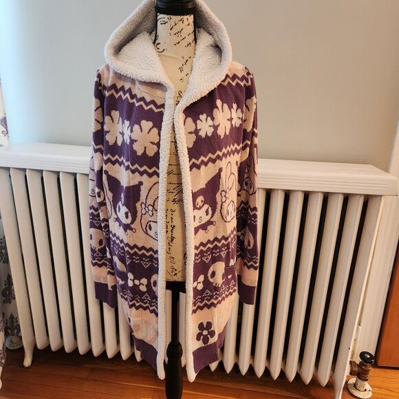 My Melody & Kuromi Sold Out Cozy Sherpa Hooded Pink Purple Open Cardigan, Sz S - Picture 3 of 10